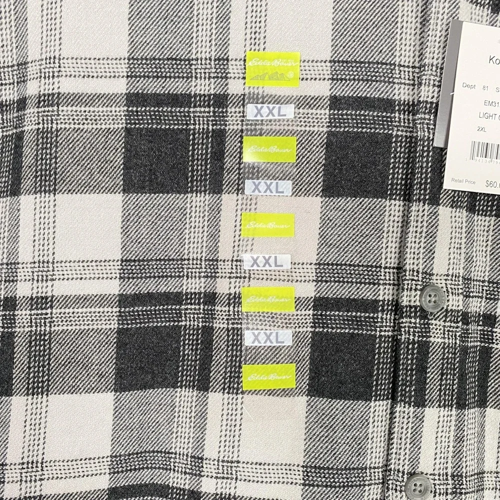 NWT Eddie Bauer Shirt Mens 2XL Gray Plaid Supersoft Stretch Flannel Button Front